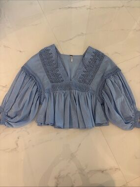 Free People Powder Blue Crochet-Trim Peasant Top